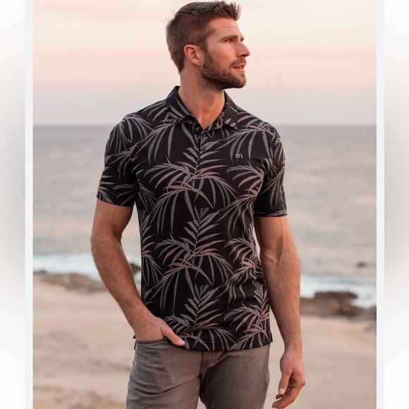 Travis Mathew Buzz Words Palm Print Golf Polo in Black Sz Medium - Picture 1 of 12